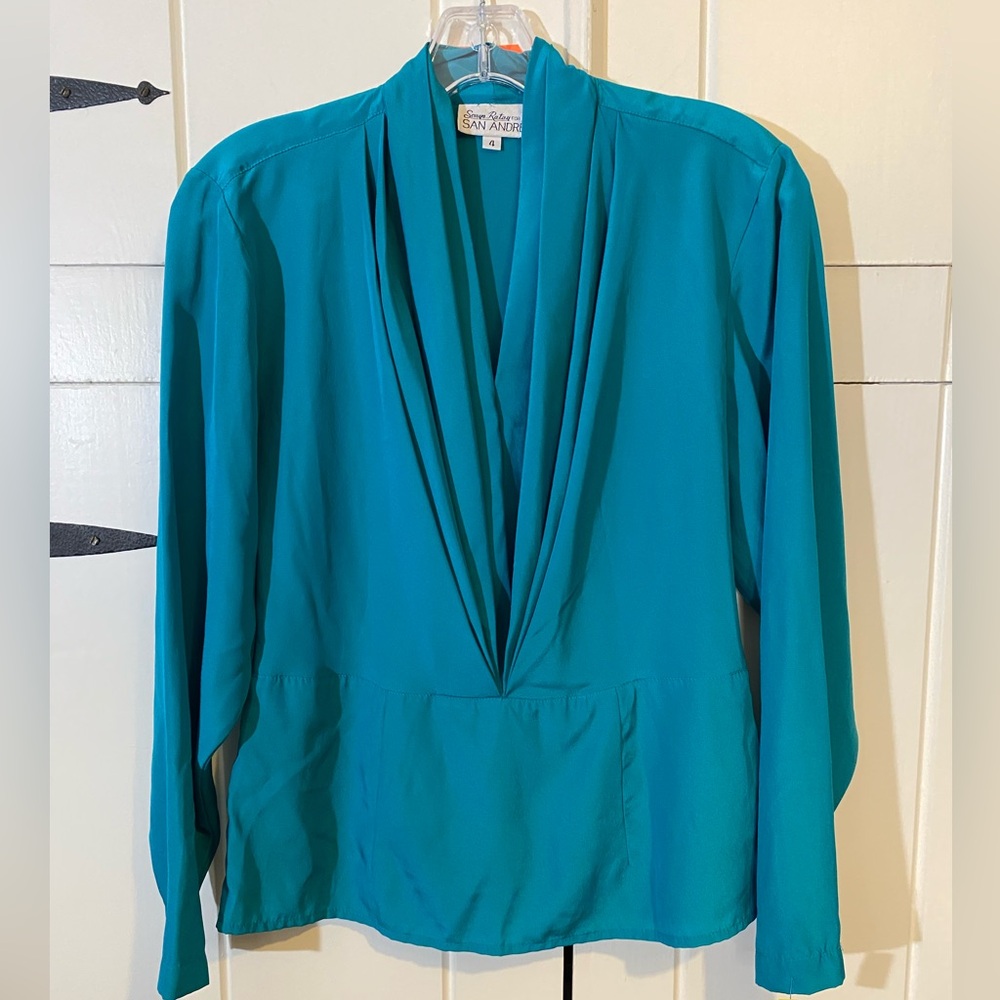 Vintage Sonya Ratay for San André Women’s Elegant V-Neck Turquoise Blouse Size 4